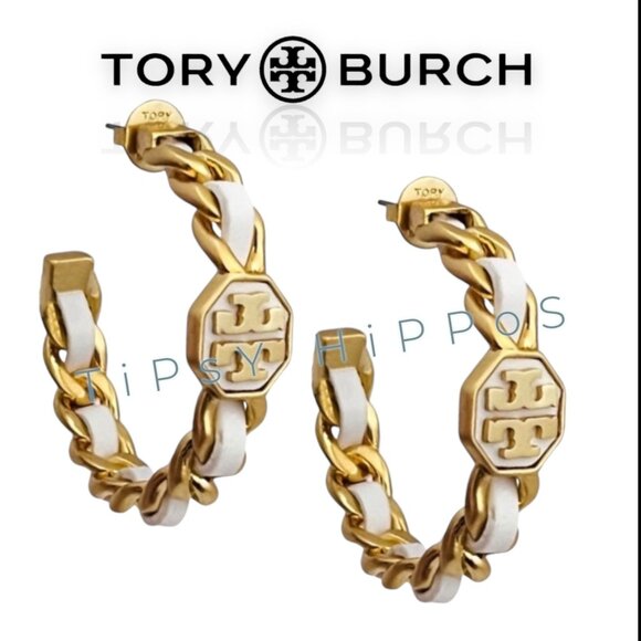 NEW! Tory Burch Marion Gold & White Chain Hoop Earrings - Picture 3 of 3